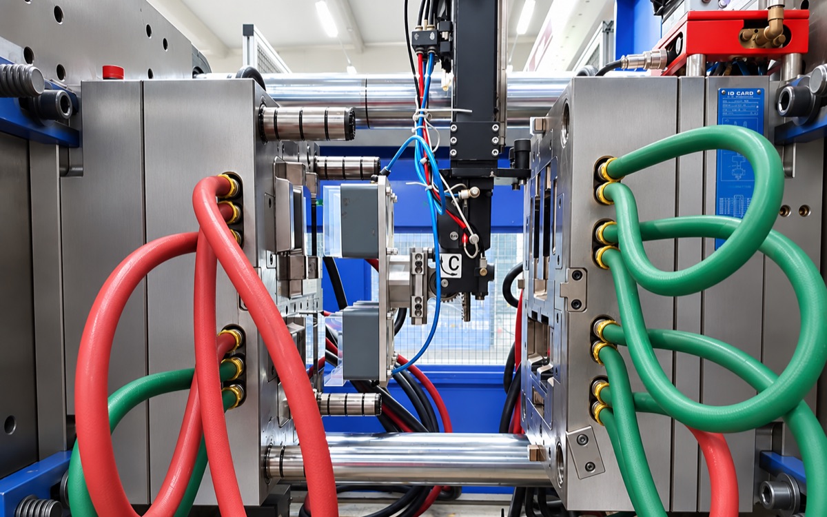 Matrijs voor visitekaartjesdoosjes op een spuitgietmachine